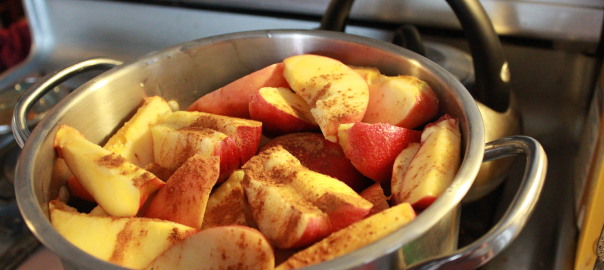 I used a large pot full of apples, with 1 cup water and a heavy dose of cinnamon.  I put the lid on and cooked on low.